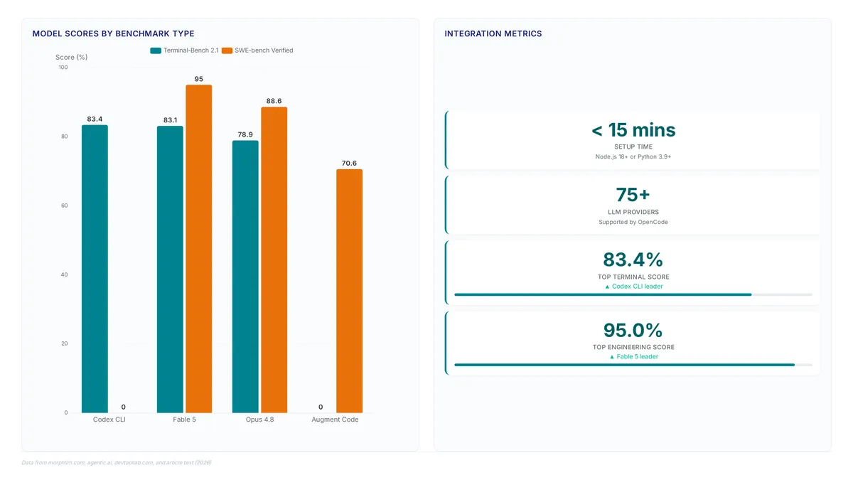 Grouped bar chart comparing AI model scores on Terminal-Bench and SWE-bench, alongside metric cards showing 15-minute setup time and 75+ provider support.