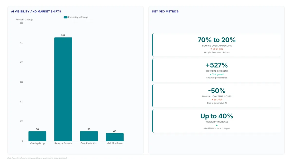 Bar chart showing 527% referral growth and 40% visibility boost alongside metric cards detailing the drop in source overlap from 70% to 20% and projected cost reductions.