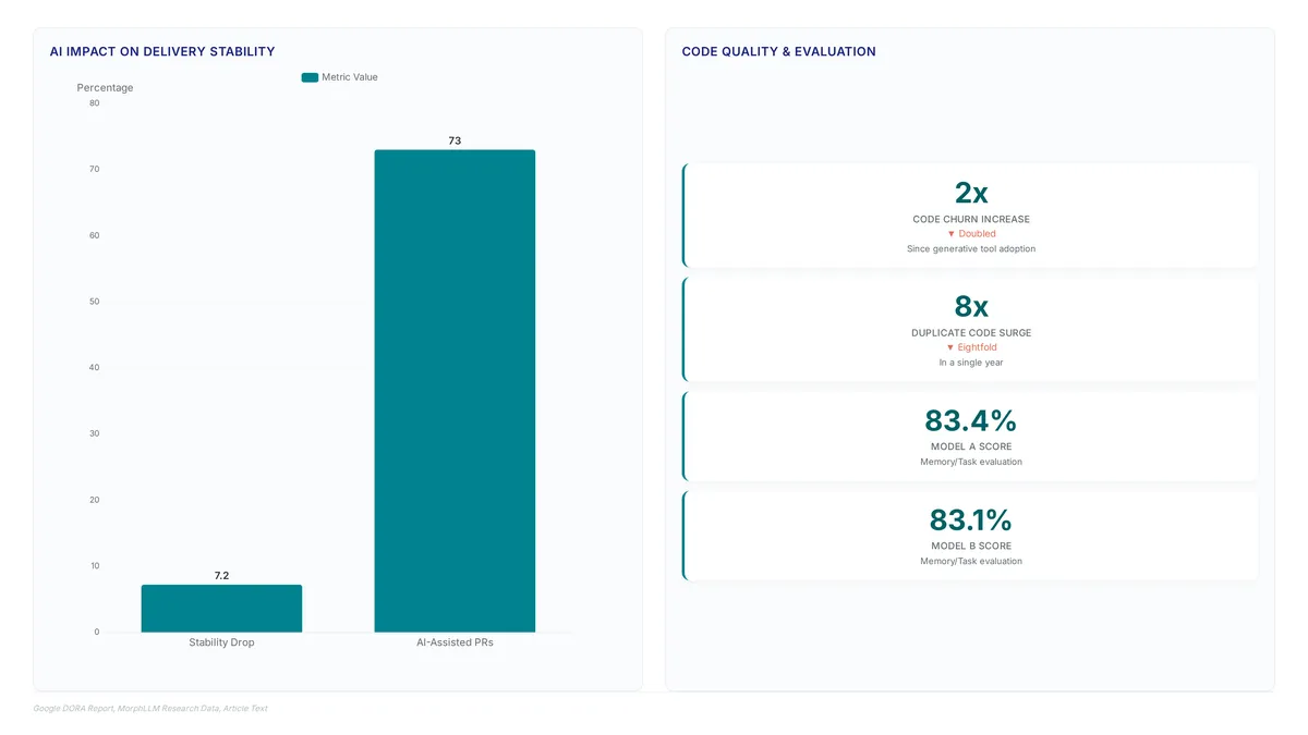 Chart showing 7.2% stability drop and 73% AI-assisted pull requests, alongside metrics indicating a 2x rise in code churn and 8x surge in duplicate code blocks.