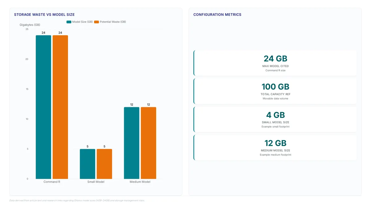 Bar chart comparing Ollama model sizes like Command R at 24GB against potential data waste, alongside metric cards showing key storage figures like 100GB capacity.