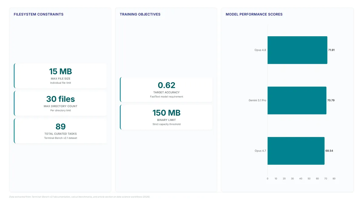 Dashboard showing terminal workflow constraints including 15MB file limits, 30 file directory caps, 89 total tasks, 0.62 target accuracy, 150MB binary limit, and performance scores for Opus 4.8 (71.91%), Gemini 3.1 Pro (70.79%), and Opus 4.7 (68.54%).