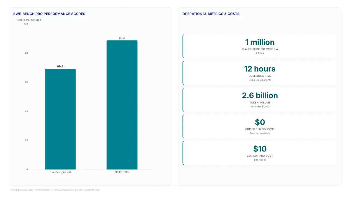 Bar chart comparing Claude Opus 4.8 (69.2%) and GPT5.6 Sol (88.8%) scores on SWE-Bench Pro, alongside metric cards detailing 1 million token context, 12-hour build times, and pricing tiers from $0 to $10.
