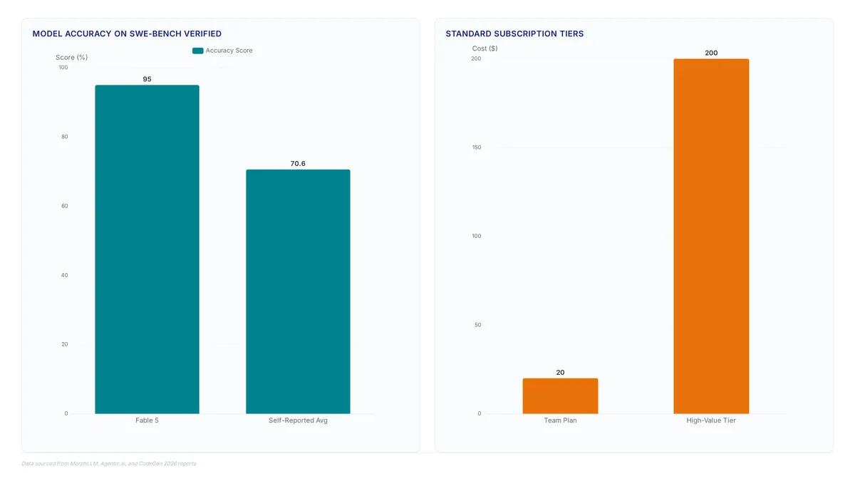 Comparison of AI coding agent pricing tiers showing $20 and $200 plans, alongside performance benchmarks where Fable 5 achieves 95% accuracy versus a 70.6% baseline, with market metrics growing from 2.5 million to 6.5 million by 2026.