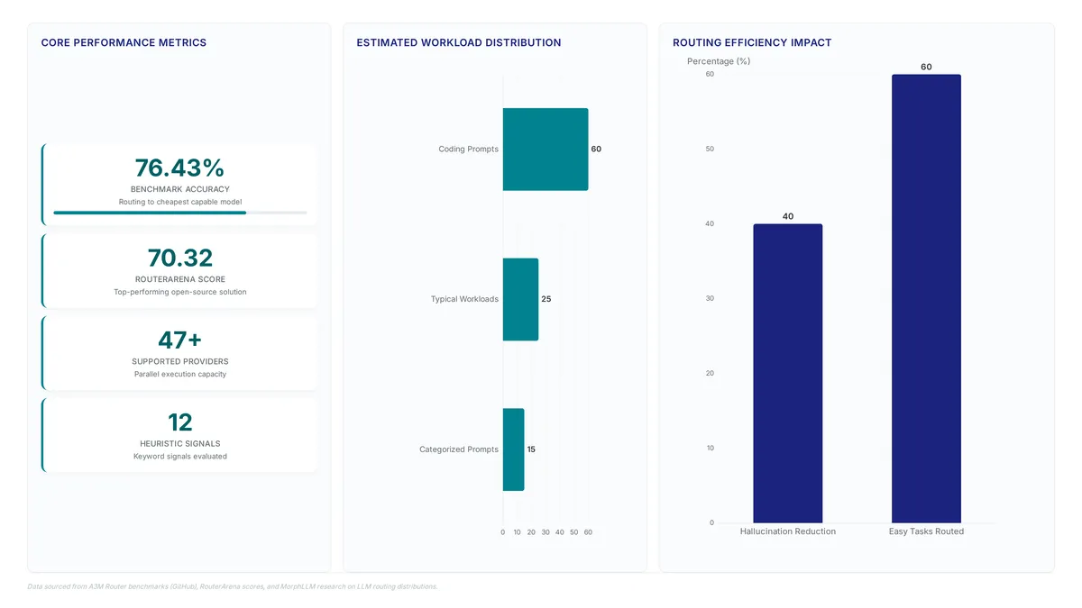 Dashboard showing A3M Router achieves 76.43% accuracy and 70.32 RouterArena score, supports 47+ providers, and routes 60% of coding prompts and 25% of typical workloads to optimize costs.