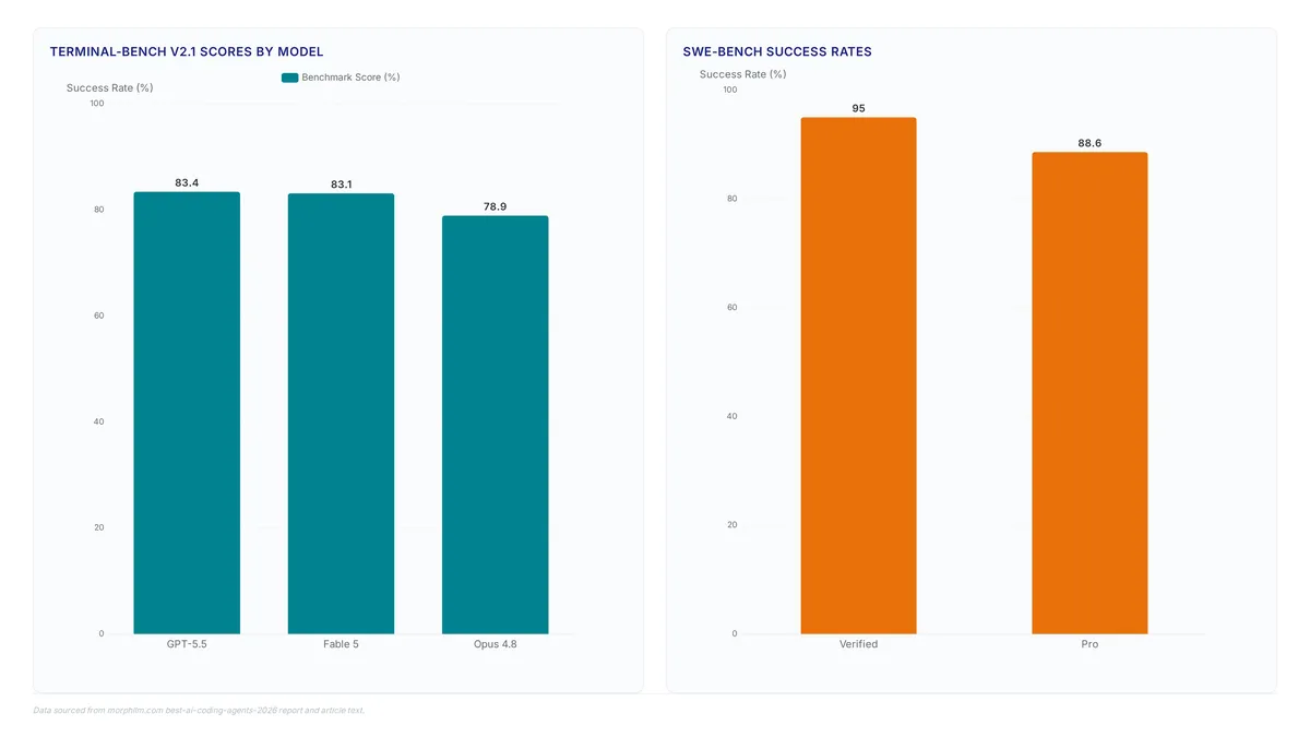 Comparison of AI coding agent performance showing GPT-5.5 leading Terminal-Bench at 83.4%, Fable 5 dominating SWE-bench at 95%, and ProjDevBench metrics highlighting high token usage and low human acceptance rates.