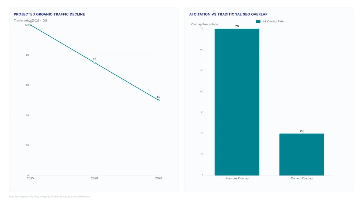 Charts showing 527% AI session growth, traditional traffic declining to 50% by 2028, and SEO link overlap dropping from 70% to 20%.