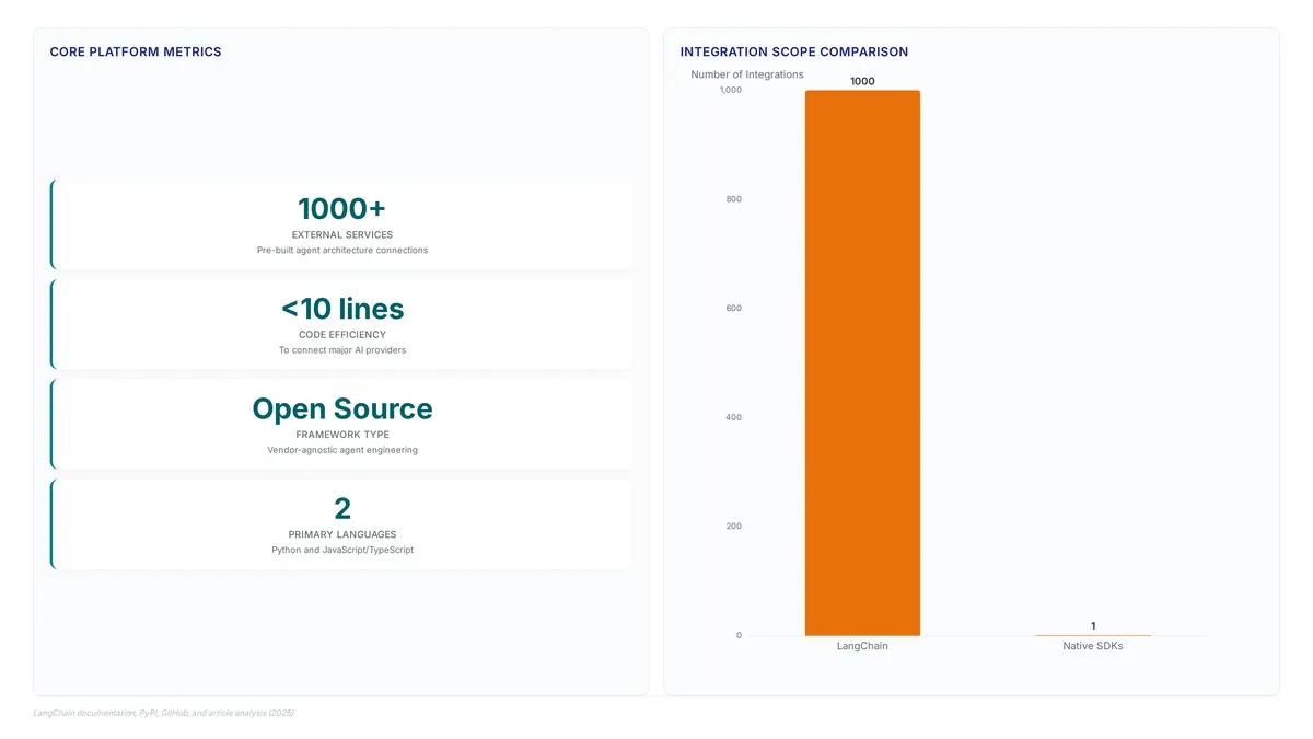 Dashboard showing LangChain's 1000+ service integrations and under 10-line code efficiency compared to single-vendor native SDKs, highlighting its open-source, vendor-agnostic architecture.