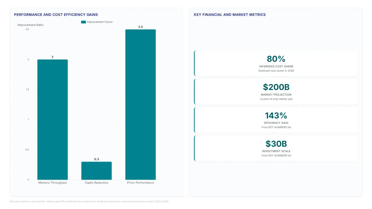 Bar chart showing 2x memory throughput, 30% CapEx savings, and 2.5x price-performance gains for custom silicon, alongside metric cards highlighting 80% inference costs and $200B market projection.